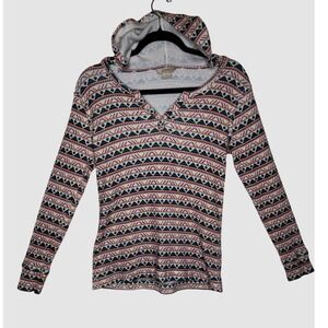 Natural‎ Reflections Geometric Print Hoodie Long Sleeve Thermal Top Waffle Large